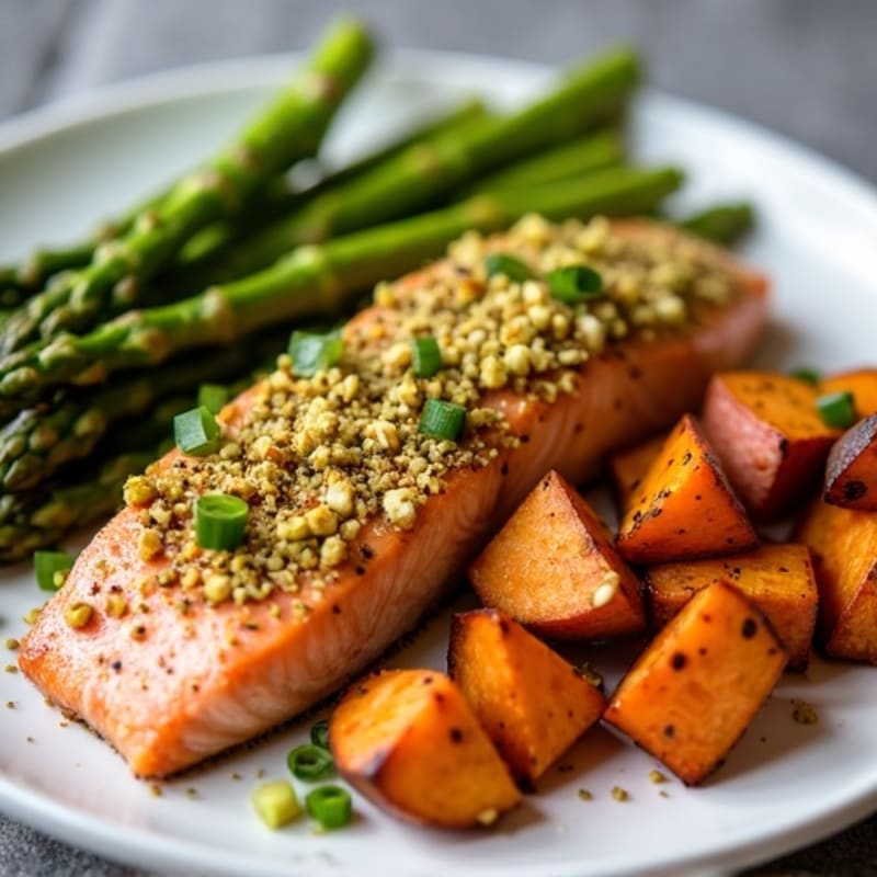 Crispy Pistachio Crusted Salmon with Roasted Asparagus and Sweet Potato