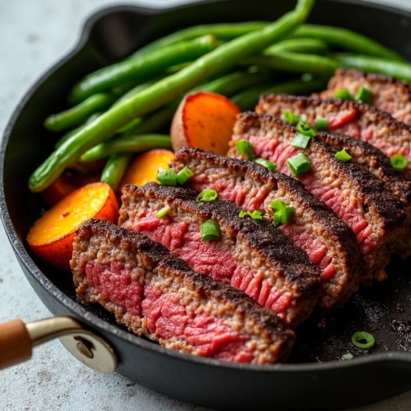 Savory Ground Wagyu Skillet with Roasted Sweet Potatoes and Crispy Green Beans