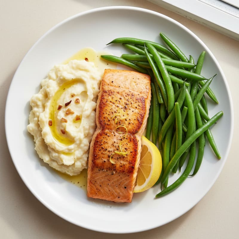Seared Salmon with Steamed Green Beans and Garlic Mashed Cauliflower