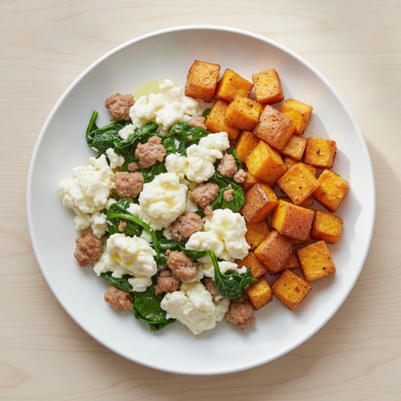 Egg White and Turkey Sausage Scramble with Spinach and Roasted Sweet Potatoes