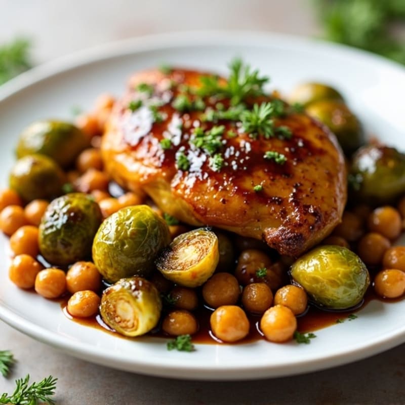 Honey-Balsamic Glazed Crispy Brussels Sprouts with Chicken & Chickpeas