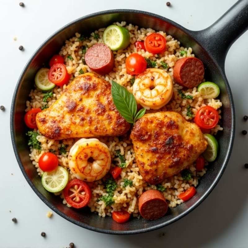 Spicy Chicken, Shrimp, and Lean Sausage Rice Skillet with Fresh Vegetables