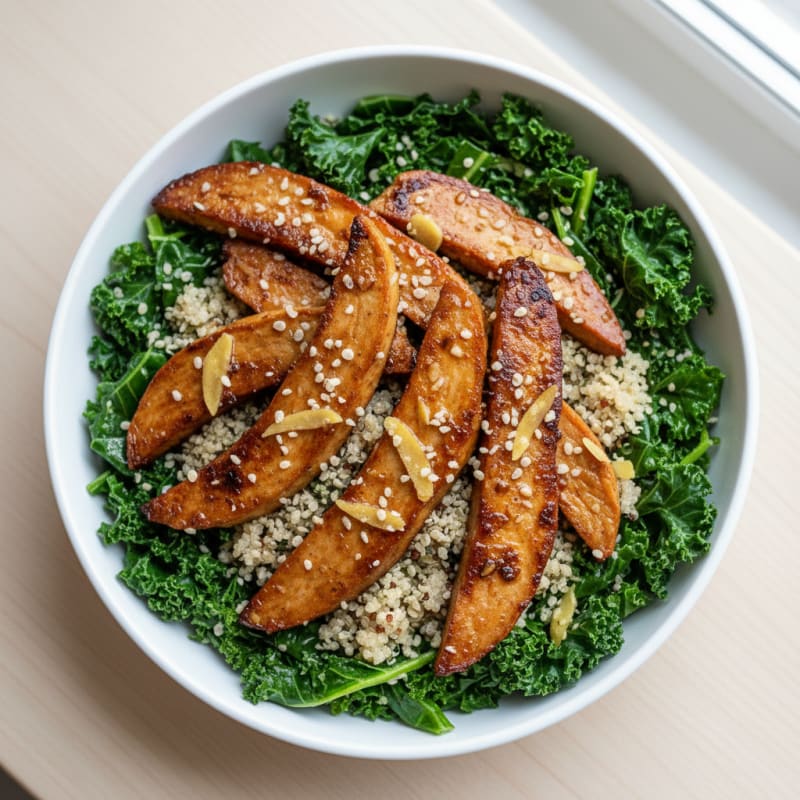 Seared Seitan Strips with Quinoa and Steamed Greens