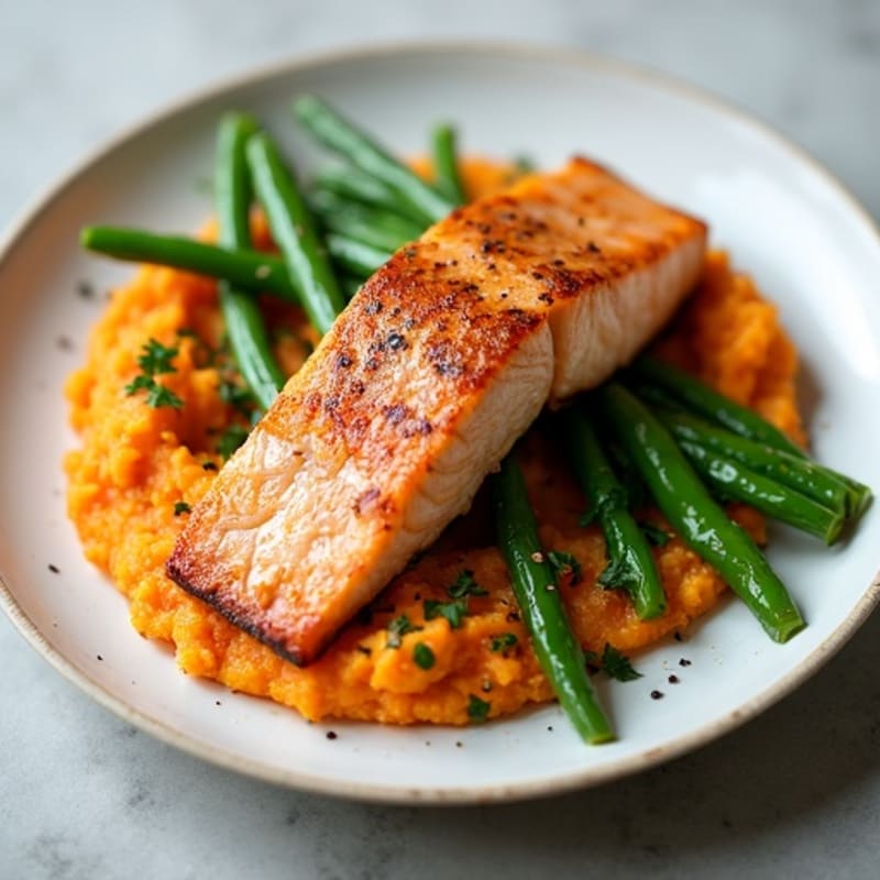 Seared Salmon Fillet with Steamed Green Beans and Sweet Potato Mash