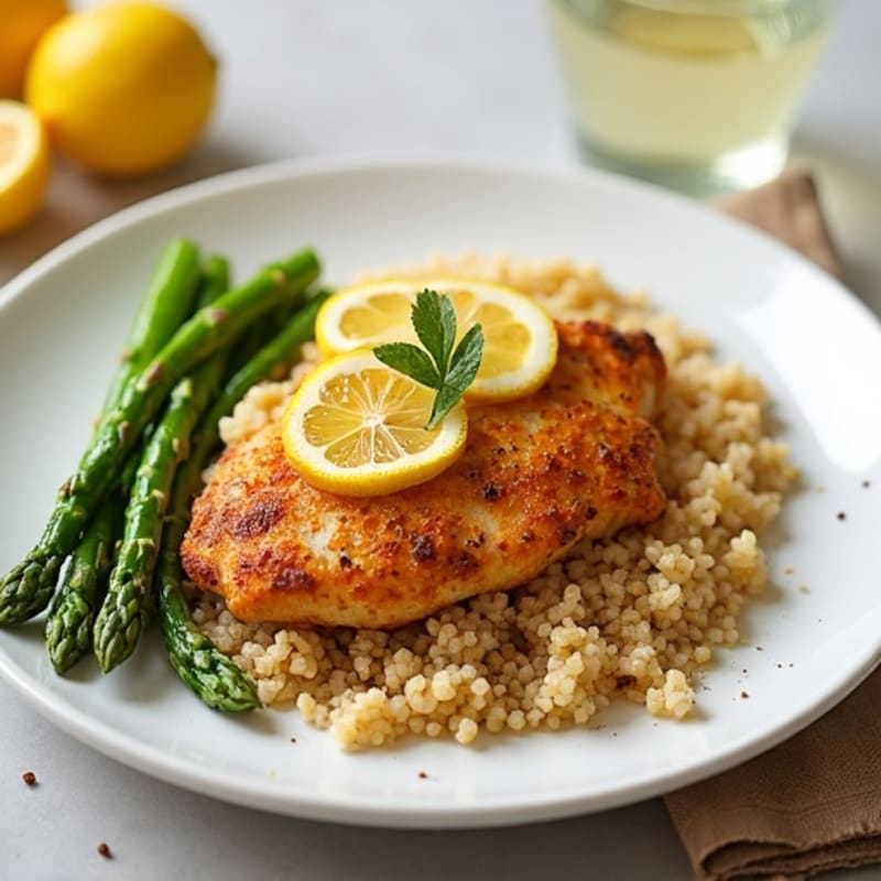 Crispy Lemon Garlic Chicken with Roasted Asparagus and Fluffy Quinoa
