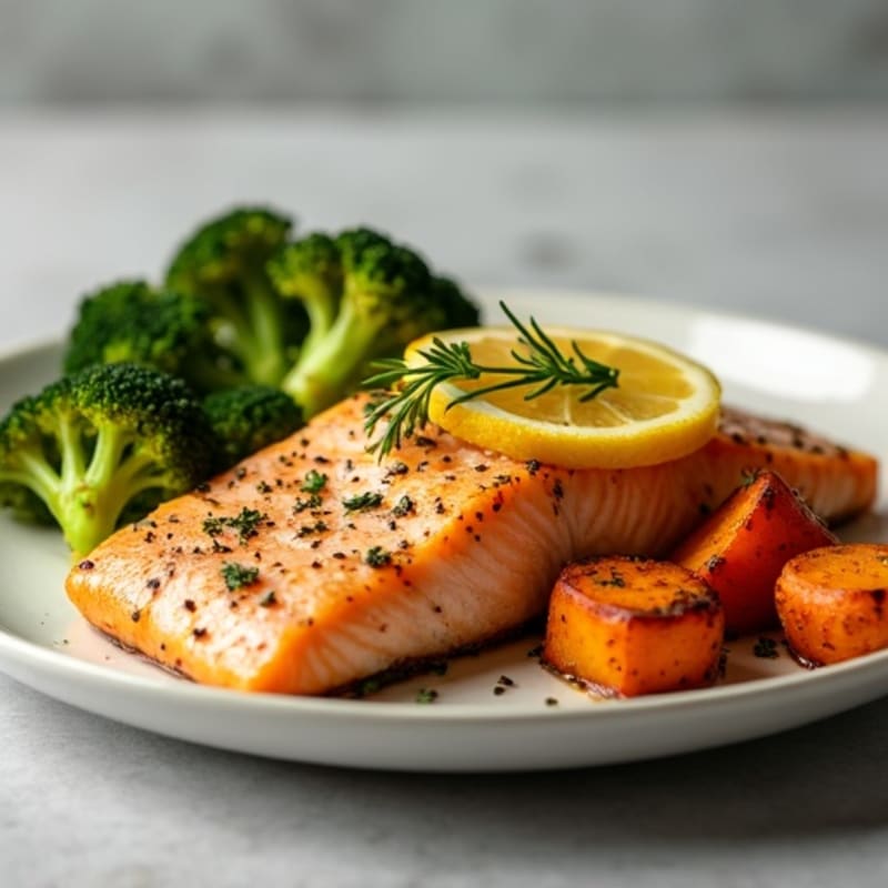 Lemon Herb Roasted Salmon with Sweet Potatoes and Broccoli