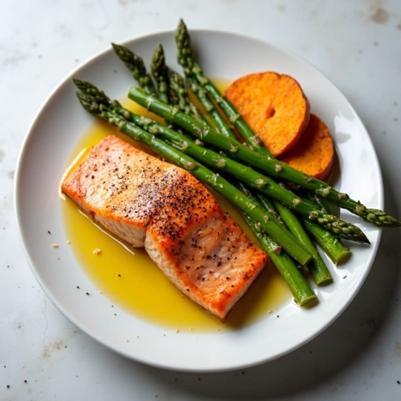 Seared Salmon Fillet with Roasted Asparagus and Sweet Potato