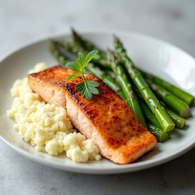 Seared Salmon Fillet with Steamed Asparagus and Cauliflower Mash