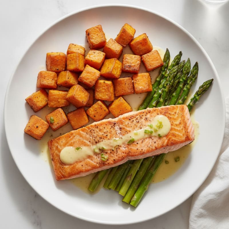 Seared Salmon with Roasted Sweet Potatoes and Asparagus