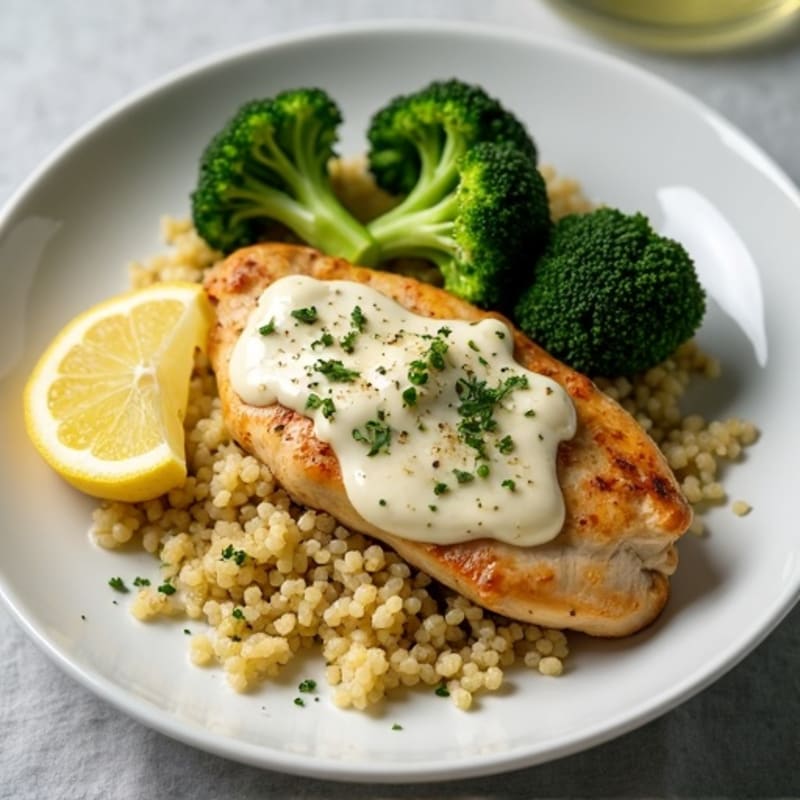 Creamy Lemon-Garlic Chicken with Roasted Broccoli and Quinoa