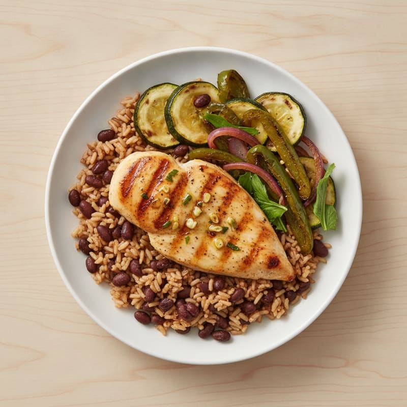 Grilled Chicken Breast with Brown Rice, Black Beans, and Roasted Zucchini