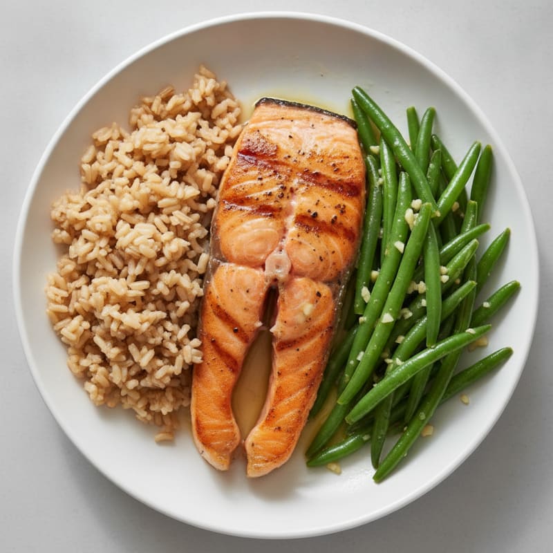 Seared Salmon Fillet with Garlic Green Beans and Brown Rice