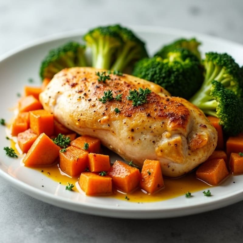 Lemon Garlic Roasted Chicken with Crispy Broccoli and Sweet Potatoes