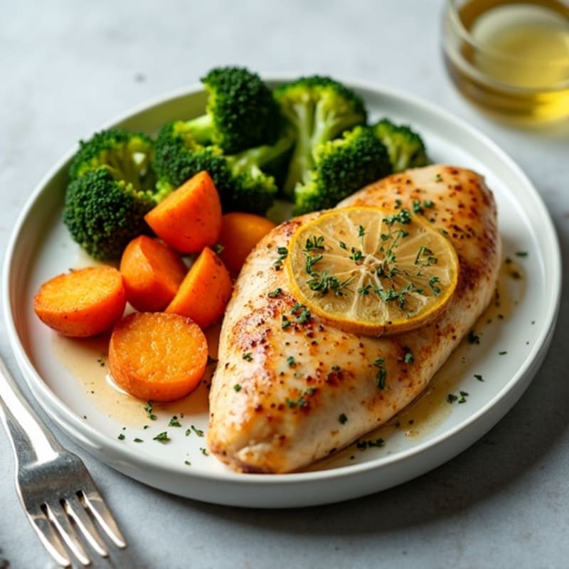 Lemon-Herb Roasted Chicken Breast with Crispy Sweet Potatoes and Broccoli