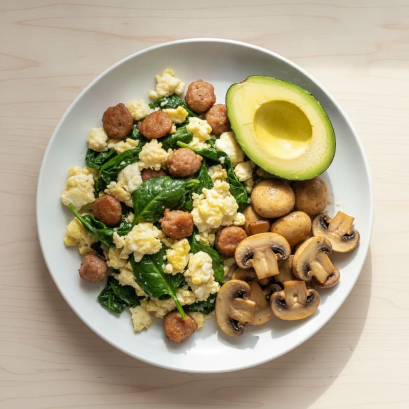 Egg White Spinach Scramble with Turkey Sausage and Sautéed Mushrooms