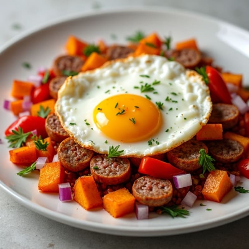 Crispy Sweet Potato and Egg Hash with Lean Turkey Sausage