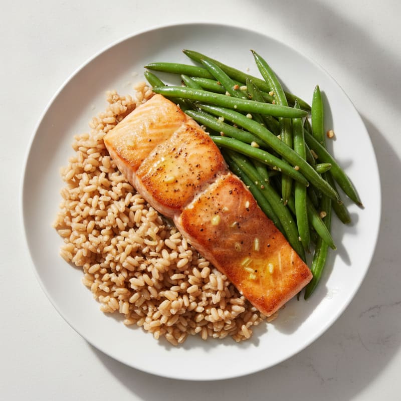 Seared Salmon with Garlic Green Beans and Brown Rice