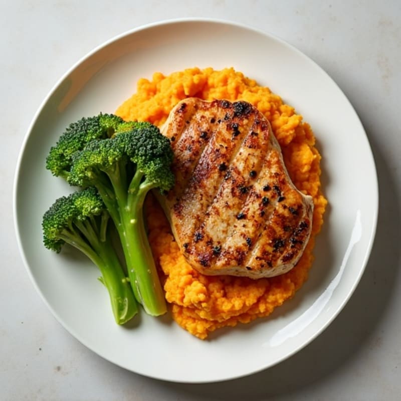 Grilled Chicken Breast with Sweet Potato Mash and Steamed Broccoli