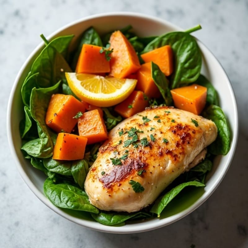 Lemon-Garlic Roasted Chicken and Sweet Potato Bowl with Fresh Greens