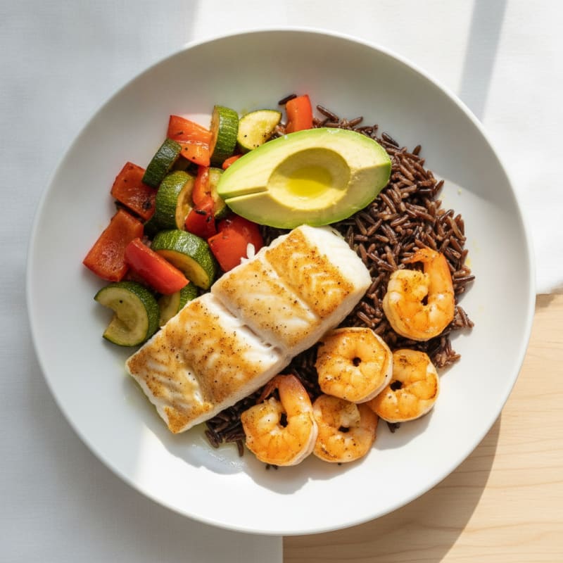 Pan-Seared White Fish with Roasted Vegetables and Wild Rice