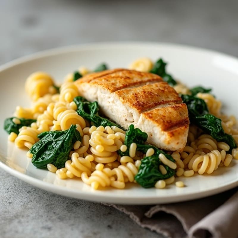 Chicken and Whole Wheat Pasta with Fresh Spinach and Creamy Lemon Garlic Sauce