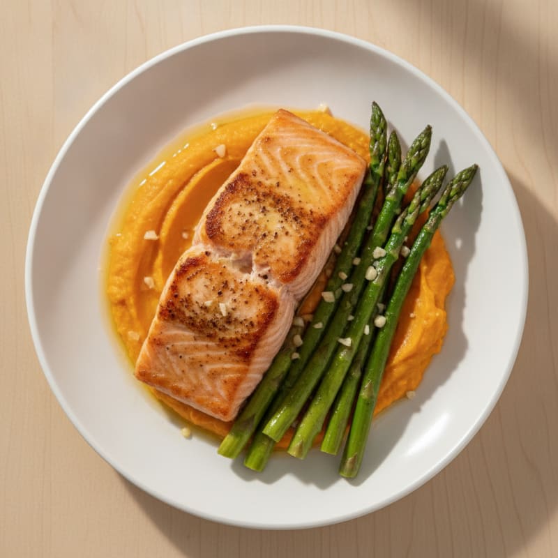 Seared Salmon with Roasted Asparagus and Sweet Potato Mash