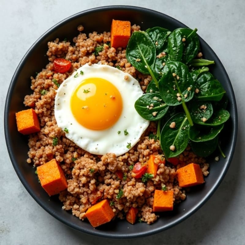 Sweet Potato and Ground Turkey Skillet with Sautéed Spinach
