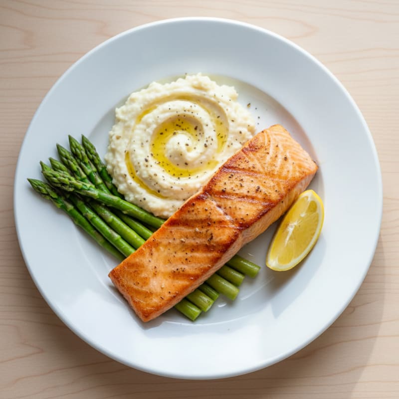Seared Salmon with Steamed Asparagus and Cauliflower Mash
