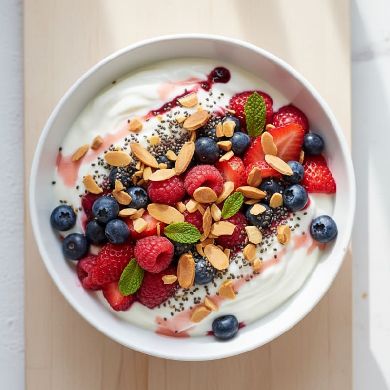 Greek Yogurt Protein Parfait with Mixed Berries and Almonds