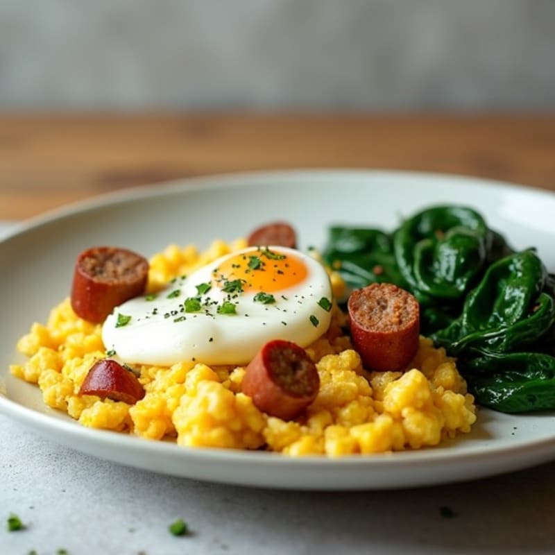 Creamy Cottage Cheese Scramble with Turkey Sausage and Sautéed Spinach