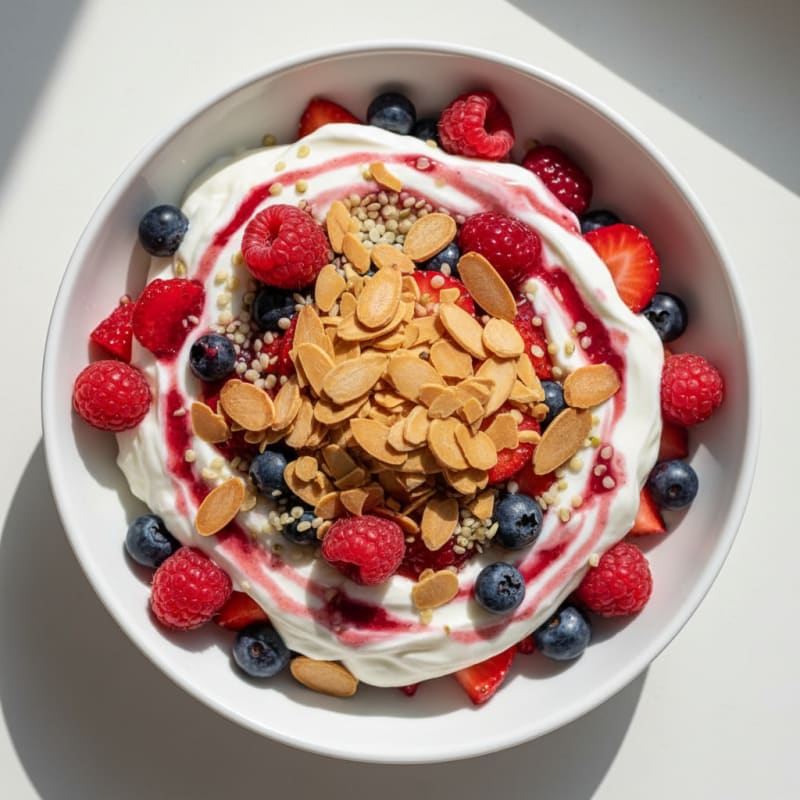 High-Protein Greek Yogurt Parfait with Mixed Berries and Almonds
