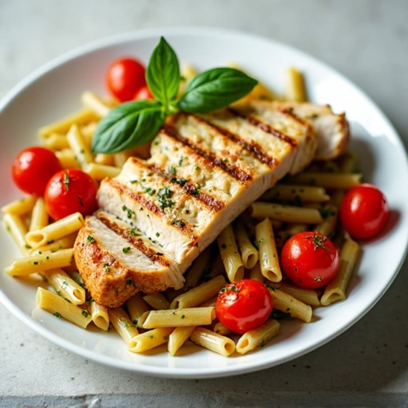 Chicken Pesto Whole Wheat Pasta with Roasted Cherry Tomatoes