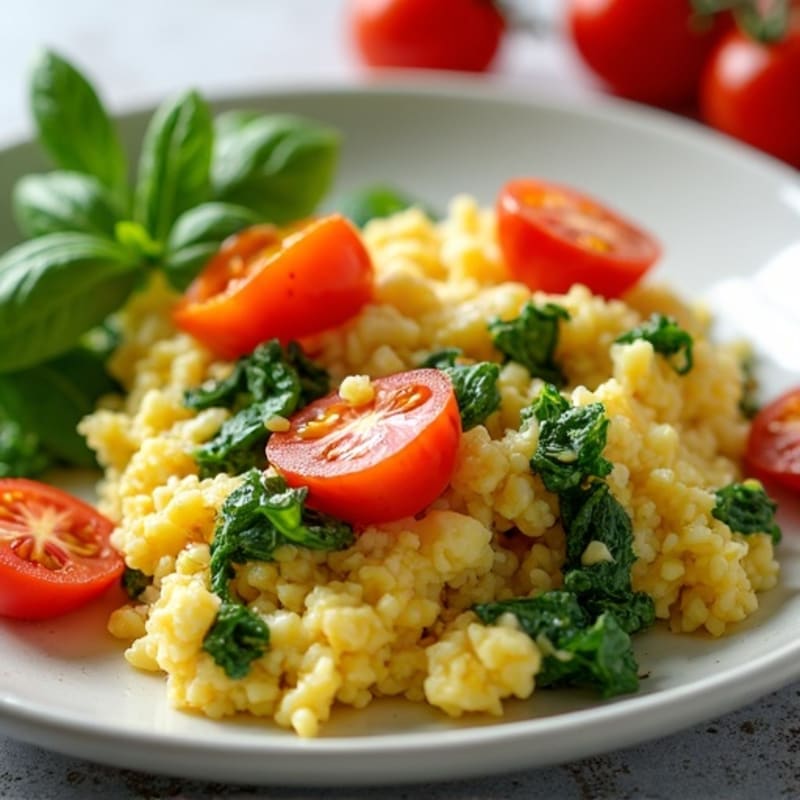 Fluffy Egg White Scramble with Fresh Spinach and Cherry Tomatoes