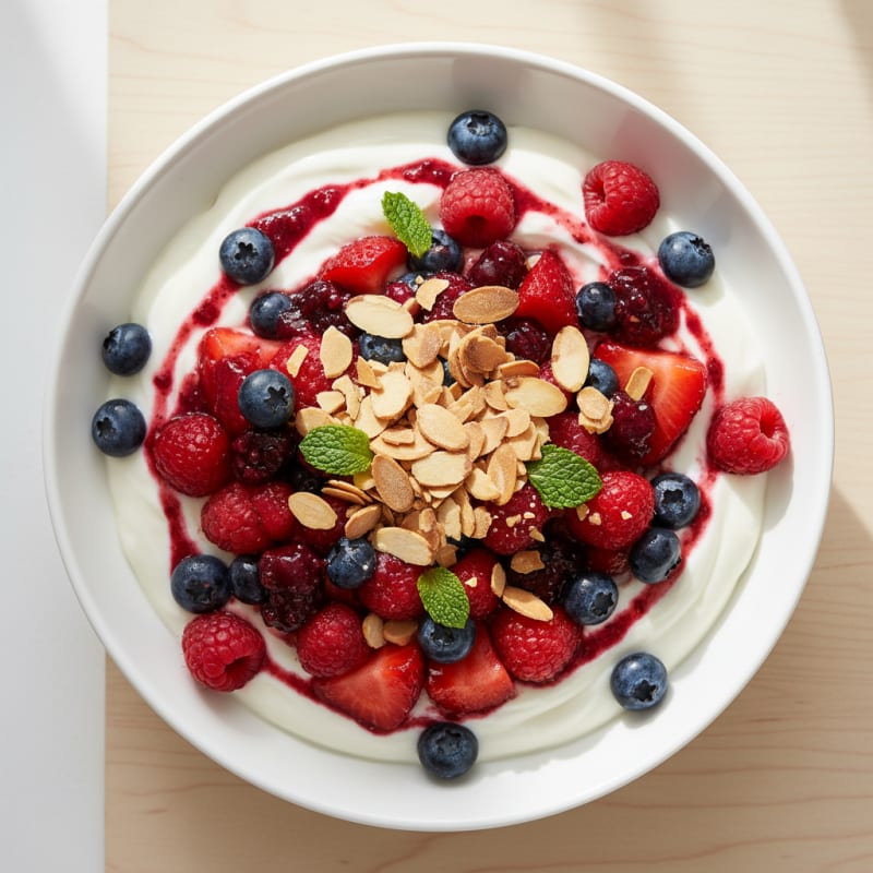Greek Yogurt Protein Parfait with Mixed Berries and Almonds