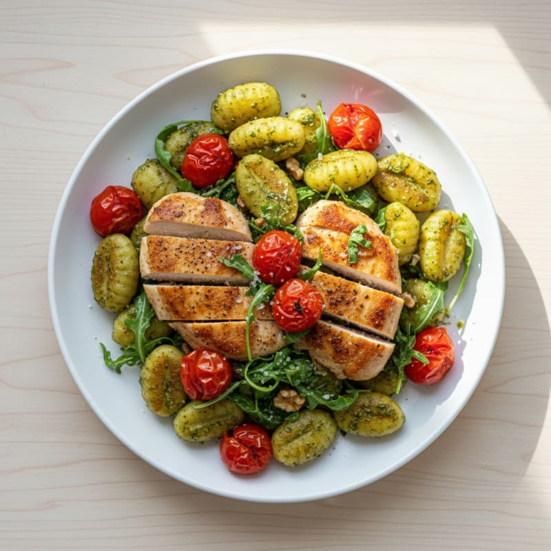 Gnocchi with Arugula Pesto and Cherry Tomatoes