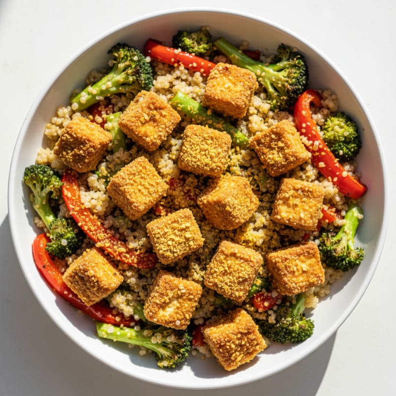Crispy Tofu and Quinoa Power Bowl with Roasted Vegetables