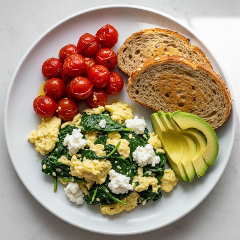 Egg White Spinach Scramble with Cottage Cheese and Tomatoes