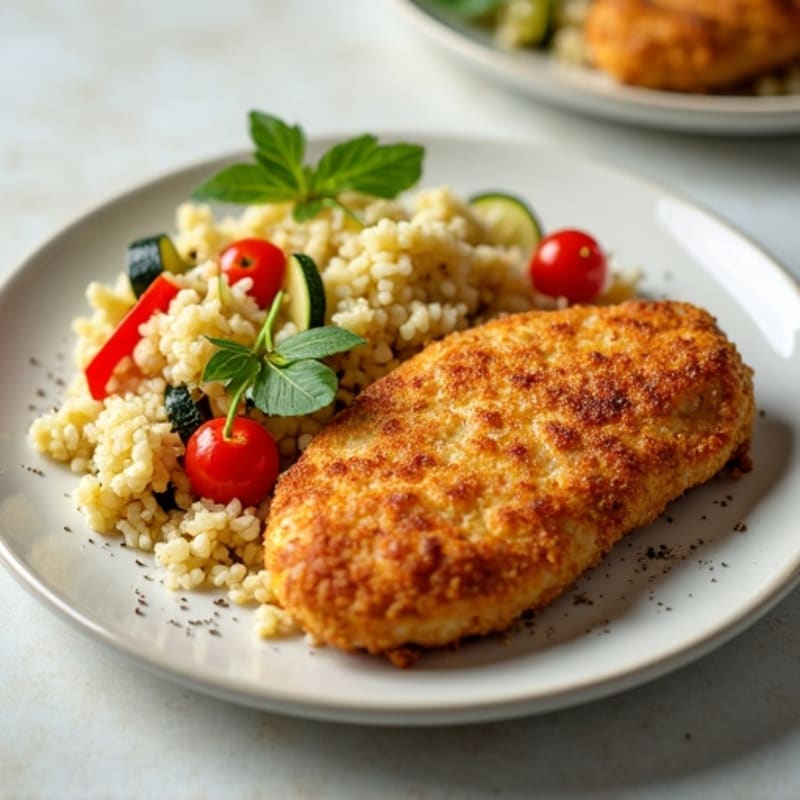 Crispy Chicken and Sautéed Cauliflower Rice with Mixed Vegetables