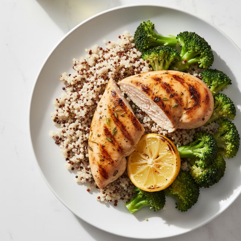 Grilled Chicken Breast with Steamed Broccoli and Quinoa