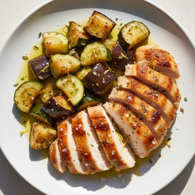 Herb-Roasted Chicken Breast with Roasted Eggplant and Zucchini