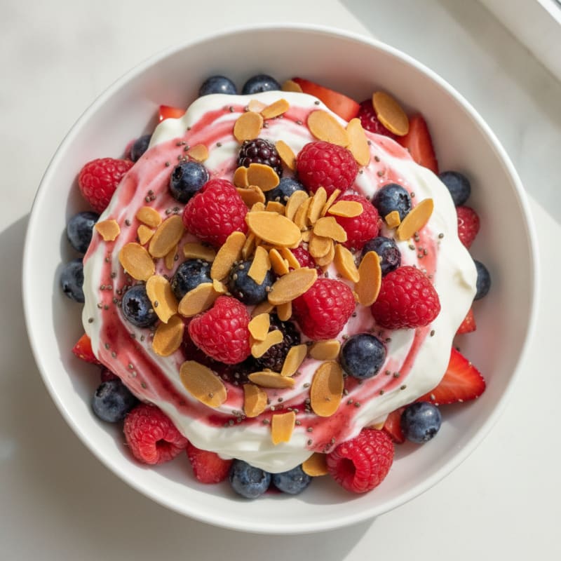 Greek Yogurt Protein Parfait with Mixed Berries and Almonds