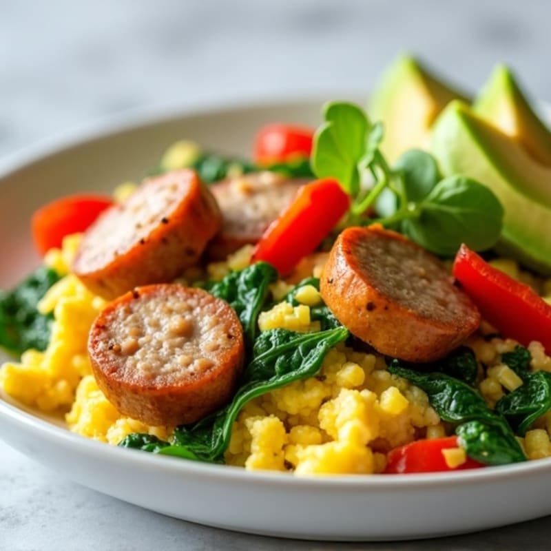 Egg White and Turkey Sausage Scramble with Spinach and Bell Peppers