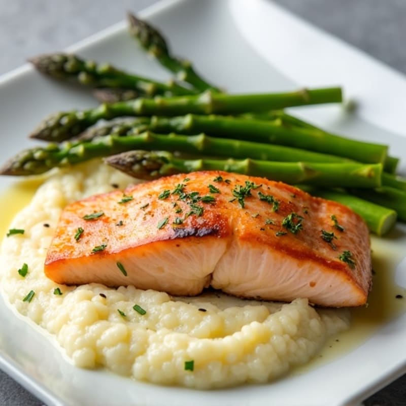 Seared Salmon with Steamed Asparagus and Cauliflower Mash