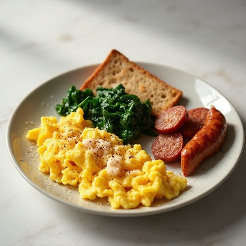 Egg White and Turkey Sausage Scramble with Sautéed Spinach