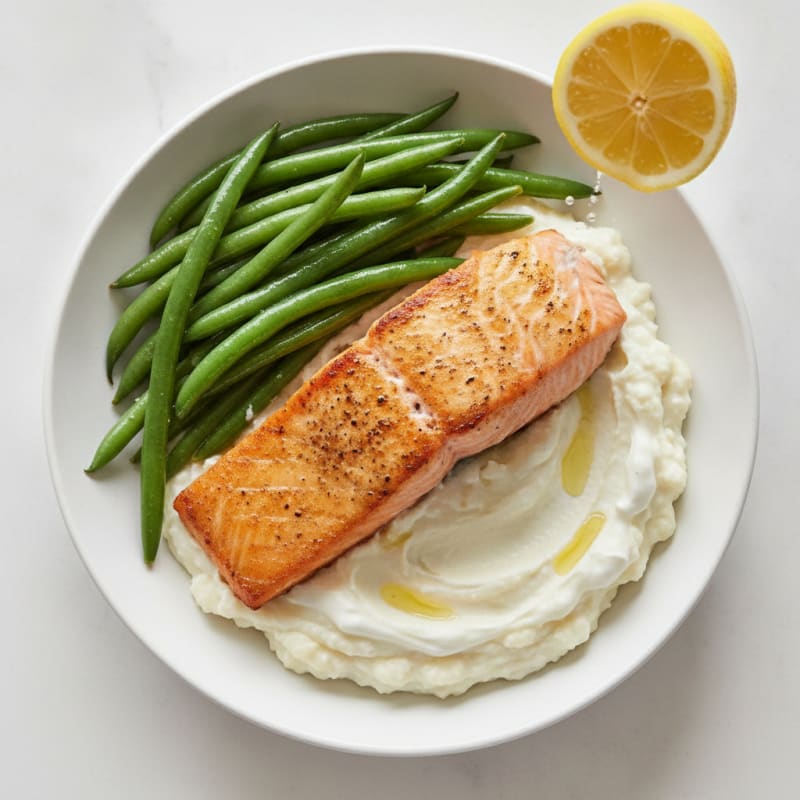 Seared Salmon with Creamy Cauliflower Mash and Steamed Green Beans