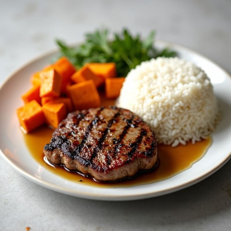 Grilled Beef Steak with Roasted Sweet Potato and Steamed White Rice