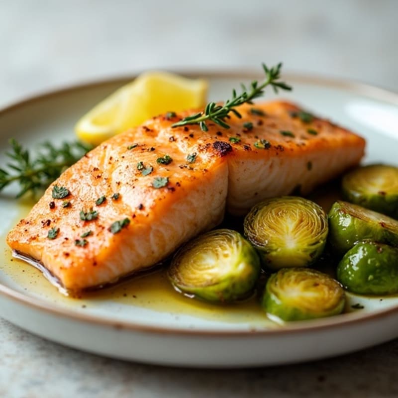 Flaky Lemon-Herb Roasted Salmon with Crispy Brussels Sprouts