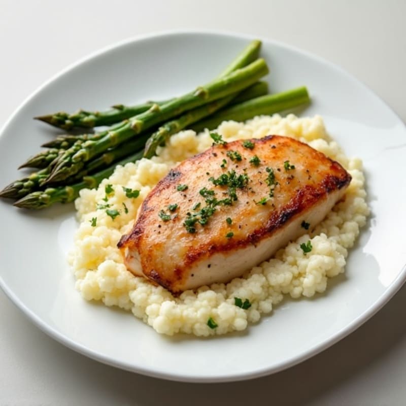 Seared Chicken Breast with Creamy Cauliflower Mash and Steamed Asparagus