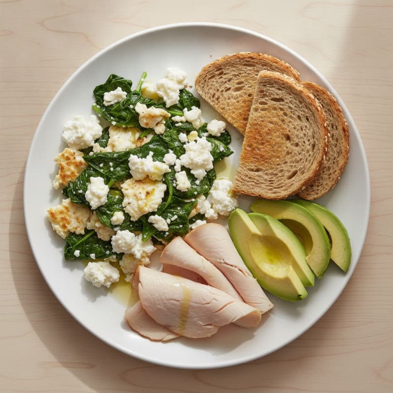 Egg White Spinach Scramble with Cottage Cheese and Sliced Turkey