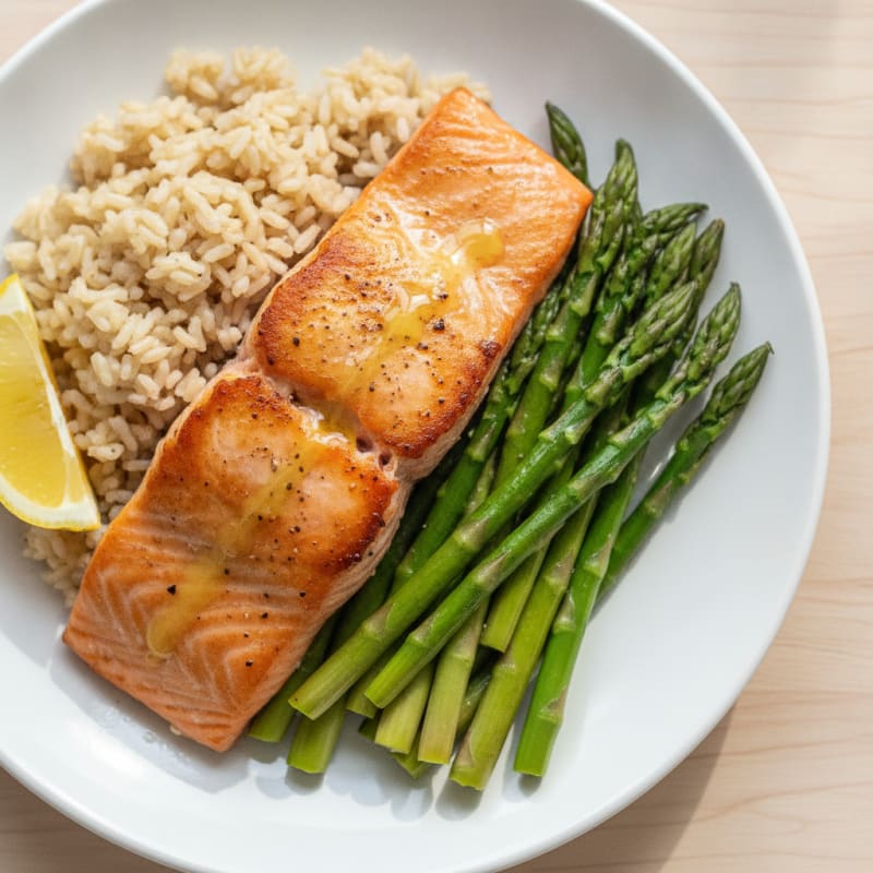 Seared Salmon Fillet with Steamed Asparagus and Brown Rice